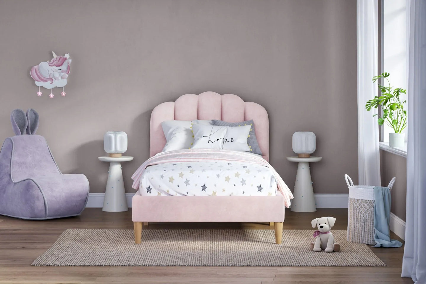Scallop Velvet Pink Bed Frame